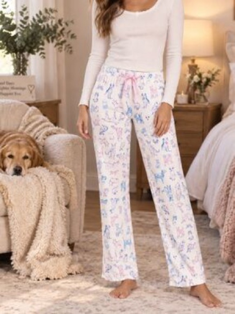 LILLY PULITZER Furbulous Dog-Print Knit Pajama Pants Pink Blue Size Large